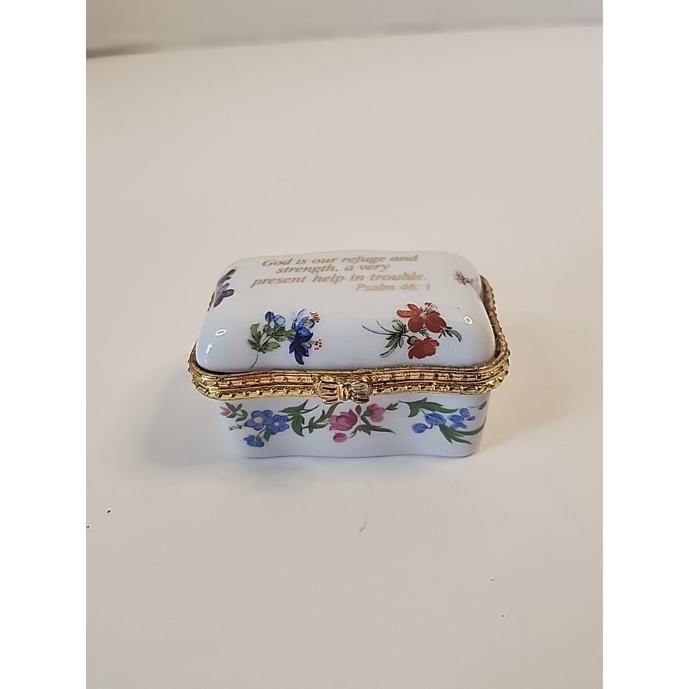 Imperial‎ Porcelain  Trinket Box White, Goldtone & Floral Psalm 46:1 Bible Verse